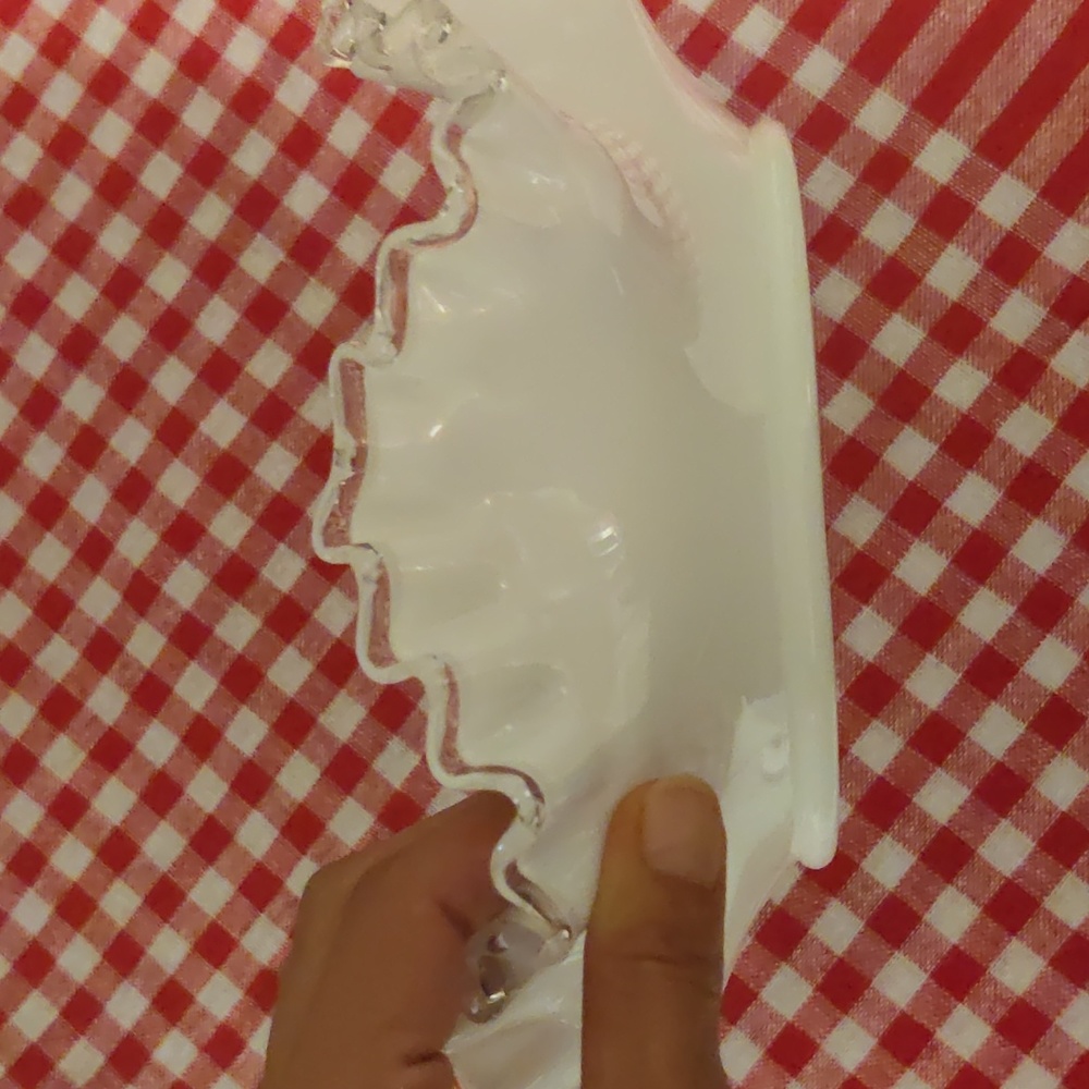 10” White Milk Glass Bowl With Clear Silvercrest Ruffled Edge Vintage! - Picture 4 of 7